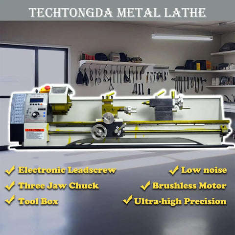 Gearless 8x31 Metal Lathe With Electronic Leadscrew Auto Metric Inch Thread Switching 1100W Brushless Motor 50 To 2500 RPM DIY Mini Lathe for precision turning in a workshop setting, showing electronic leadscrew and three jaw chuck.