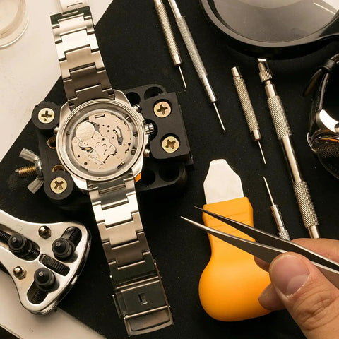 Watch Band Pins Replacement Kit 16 Pieces Pro Grade 1.5mm Stainless Steel Heavy Duty Link Remover Set with tools in use for strap adjustment