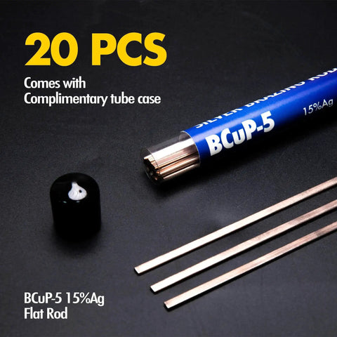20 Pcs BCuP5 Silver Brazing Rods 0.050 by One Eighth by 14 Inch 15 Percent Silver Solder Phos Copper Brazing Alloys Flat Welding Rods For Air Conditioning Refrigeration HVAC Cold Storage For Pros displayed with tube case and cap.