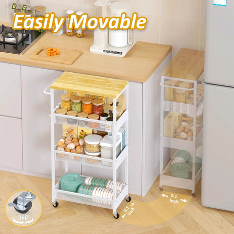 Slim Rolling Utility Cart Four Tier Metal Narrow Storage Cart with Wood Top and Handle in kitchen beside appliances