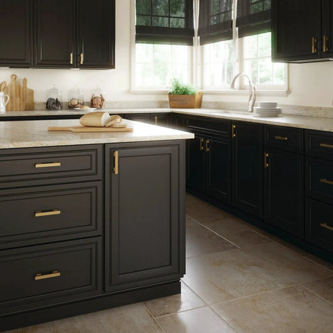 Kitchen with black cabinets fitted with Champagne Bronze Cabinet Handles 10 Pack 3 Inch 76mm Center To Center Traditional Drawer Pulls.
