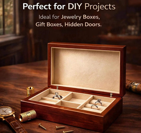Open wooden jewelry box with 8 Pcs 8mm Solid Brass Hidden Barrel Hinges With Matching Drill Bit And Screws on table.
