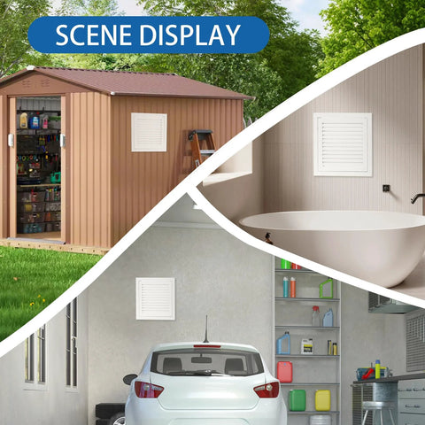 Access panel, white aluminum vent cover, 13.5 x 13.5 in outer; shown in shed, bathroom, and garage scenes.