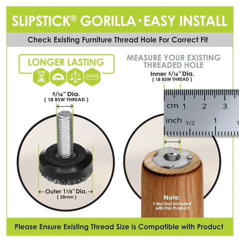 Diagram of furniture levelers with 5/16-18 BSW thread showing measurements, part of Eight Pack Outdoor Adjustable Furniture Levelers Berber Glide Feet For Chairs Tables And Patio Sets Weatherproof Screw In Feet With One And One Eighth Inch Size And Five Sixteenths By Eighteen BSW Thread.