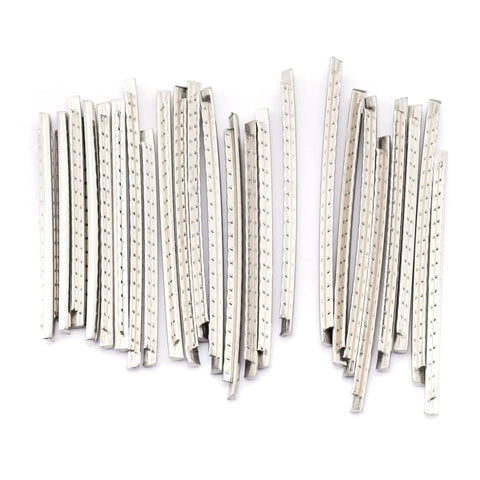 Pro Grade 2.9mm Stainless Steel Jumbo Guitar Fret Wire For 24 Frets, 24 pre-cut pieces shown in a random layout.
