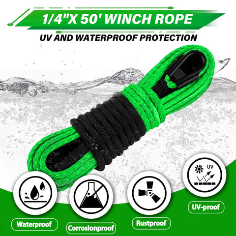 Synthetic Winch Rope Kit For ATV UTV And Off Road Vehicles One Quarter Inch By Fifty Foot 10000 Lbs With Protective Sleeve, showing coiled green rope with black sleeve.