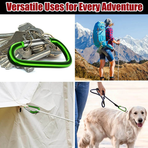 Heavy Duty Aluminum Carabiners Set of 4 Blue 4 Inch D Ring Clips With Spring Snap Hooks For Camping Hiking Keychains Dog Leashes Hammocks And Outdoor Gear Tough As Nails Durable Rock Climbing Clips shown with keys, hiking, tent, and dog leash use.