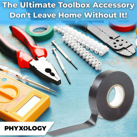 Electrical tape roll, black, 3/4 in wide, on a blue workbench with pliers and screwdrivers.