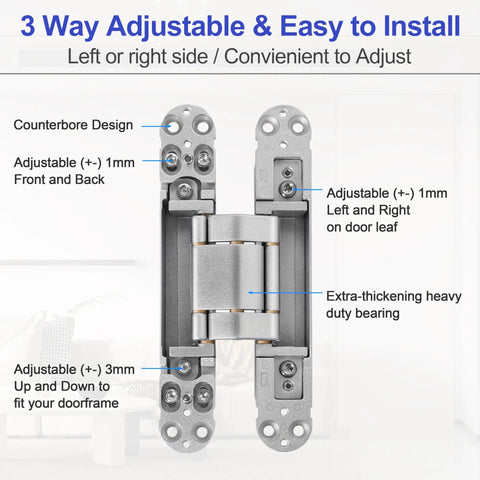 Two Kit Set Stainless Steel Hidden Door Hinges For 7 Inch Doors Concealed Hinges With 180 Degree Swing 3 Way Adjustable Silver Finish
