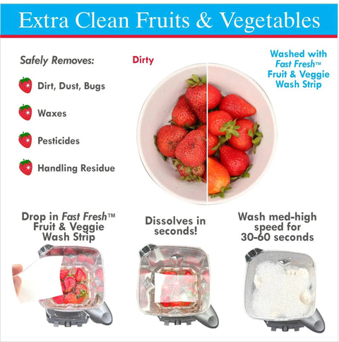 Fruit and vegetable wash strips packaging infographic with strawberries and wash-step instructions