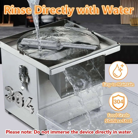 4 In 1 Commercial Vegetable Processor With 200W Electric Slicer Dicer Shredder And Crinkle Cutter All Stainless Steel 110 Volt Built For Heavy Duty Commercial And Home Use shown being rinsed with water