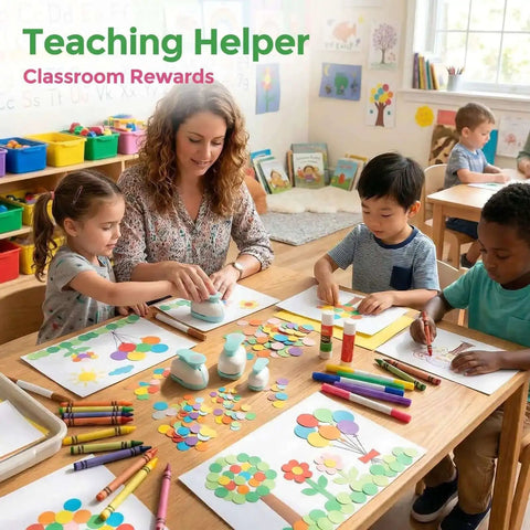 Teacher using three size circle hole punch set with children for scrapbook making in classroom, creating colorful crafts.