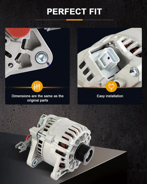 Beefed Up Alternator Compatible With Ford Escape Two Point Oh Liter 2001 Through 2004 And Ford Focus Two Point Oh Liter 2000 Through 2004 OE 8260N 8264N Replacement For Reliable Charging Easy Install Durable Output And Smooth Electrical System Operation, showing alternator close-up, electrical connections, and installation compatibility.
