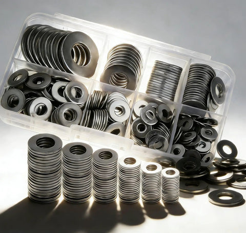 304 Stainless Steel Flat Washers Set 105 Pcs Assortment M2 To M10 in plastic organizer box, corrosion-resistant hardware essentials