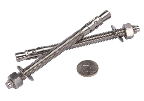 Three Eighths Inch By Five Inch Wedge Anchor 5 Pack Stainless Steel 304 Corrosion Resistant Commercial Grade With Washers And Nuts Included For Concrete And Marine Applications For Tough Projects showing two anchors and a quarter for scale.