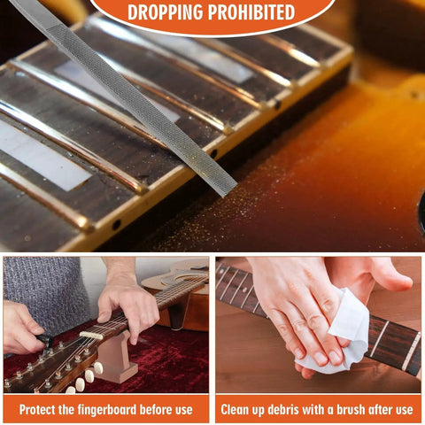 Close-up of Pro Guitar Fret End Dressing File 2 Pack for Luthiers and DIYers in use on guitar frets by Xioysnil.