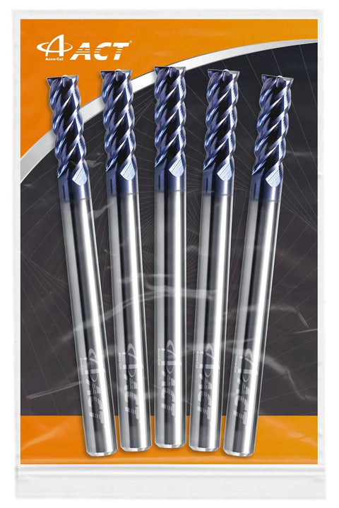 Rugged One Eighth Inch Carbide Square End Mill Set With 4 Flutes For Steel Hardened Steel Copper And Alloys HRC 50 AlTiN Coated CNC Router Bits 45 Degree Helix 5 Piece Milling Kit ACCUCUT in package with orange label