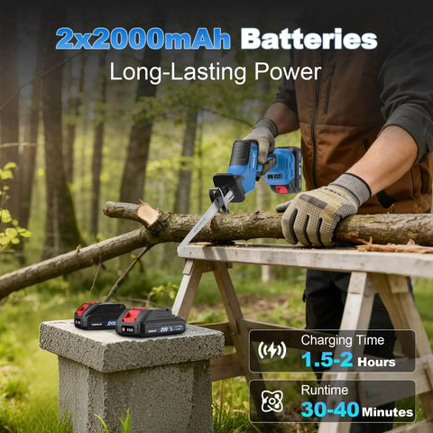 Person using Cordless Reciprocating Saw With Powerful Brushless Motor, 20V, 3500 RPM for cutting wood, batteries on stone surface