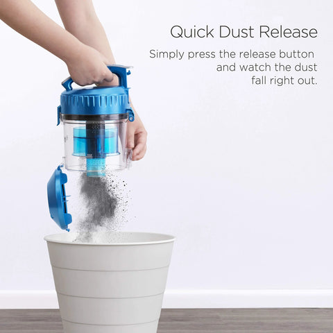 Blue Eureka bagless canister vacuum, lightweight unit with transparent dust canister releasing dust into a white bucket.
