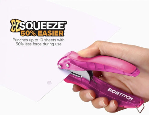 Hand using EZ Squeeze Reduced Effort One Hole Punch For The Office with ergonomic grip and no-jam technology, punching paper