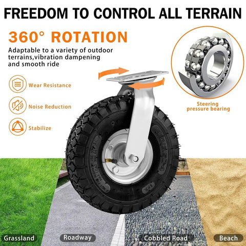 Heavy Duty Pneumatic Casters 10 Inch 4 Pack With 2 Swivel And 2 Rigids, 1200 Lbs Capacity, Rubber Wheel showing 360-degree rotation