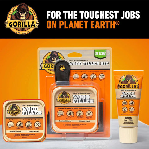Gorilla wood filler kit and 6 oz tube for indoor and outdoor repairs, natural color, ideal for cracks, gouges, and holes.