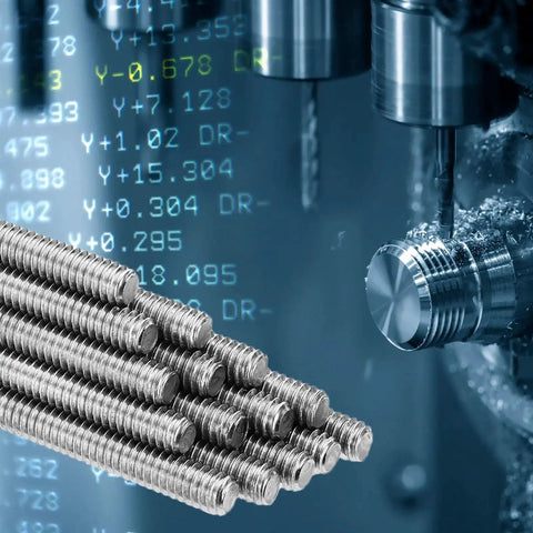304 Stainless Steel Fully Threaded Rod 3 8 16 UNC 1.6 Inch 15 Pieces with machining equipment in background