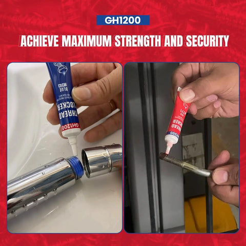 Applying GH1200 6GX2 Pack Thread Locker Medium And Strong Strength For Nuts Bolts And Metals to pipe and bolt in close-up view.