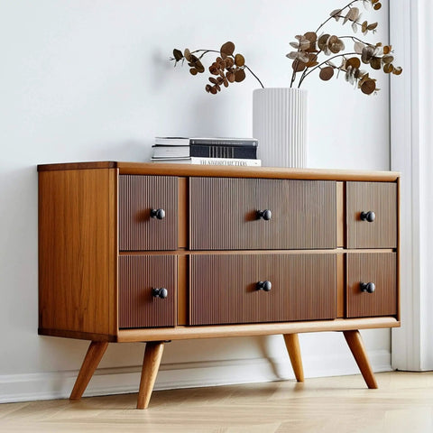 Mid-century dresser with 10 Pack Black Cabinet Knobs And Bun Drawer Pulls For Kitchen Cabinets And Dressers, Solid Cast Iron 3.75 Inch Cupboard Handles.