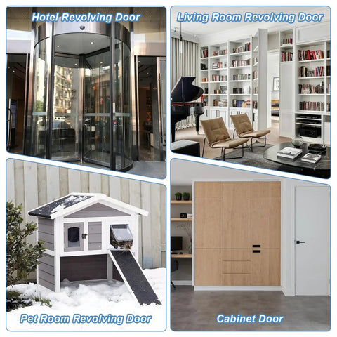 Collage of doors including hotel revolving, living room, pet room, and cabinet doors in various settings.