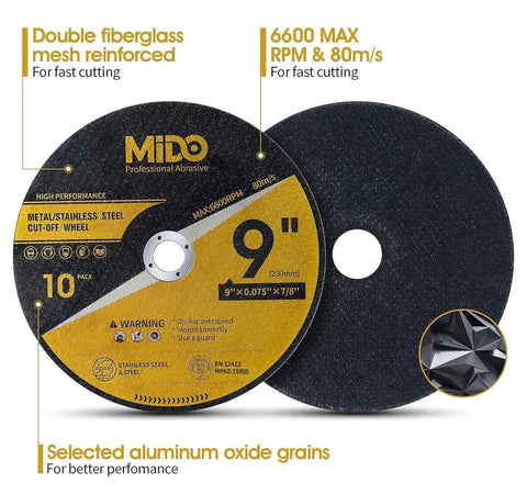 Pro Grade 9 Inch Cut Off Wheels Set For Metal And Stainless Steel, 10 Pack, 9 X.075 X 7/8 Inch, Fast Cutting Discs by MIDO