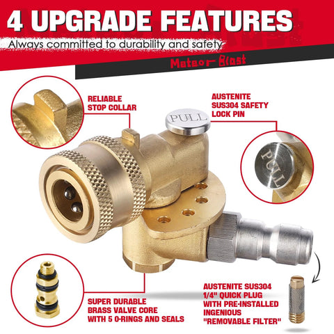 Pivoting brass Meteor Blast pressure washer coupler, 120° head with 5 angles, 1/4" quick connect, 5000 PSI, stainless safety lock