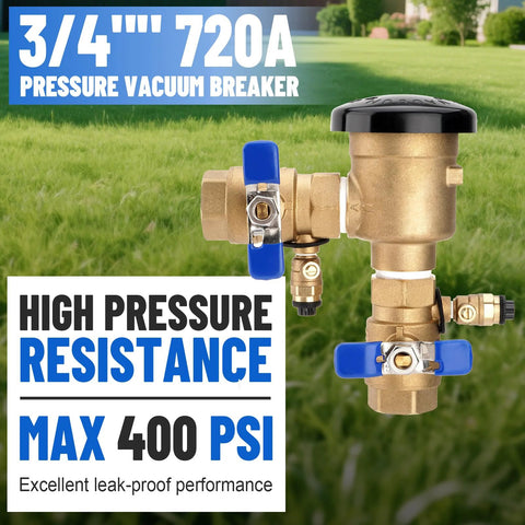 Brass 3/4-inch SPARKWHIZ pressure vacuum breaker backflow preventer with blue handles for lawn irrigation.