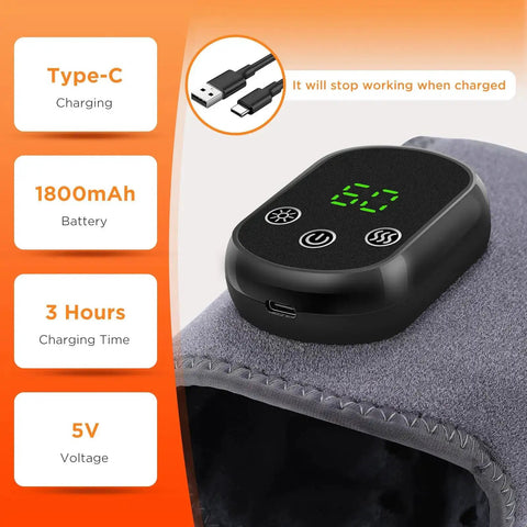 Wireless Ankle Heating Pad For Pain Relief And Neuropathy Portable Ankle Massager with control panel and charging specs shown.