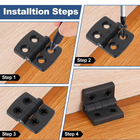 Installation steps of Torque Hinge Set 4 Pack Nylon Self-Closing Hinges 40x30x4mm With 5mm Holes on wood surface.