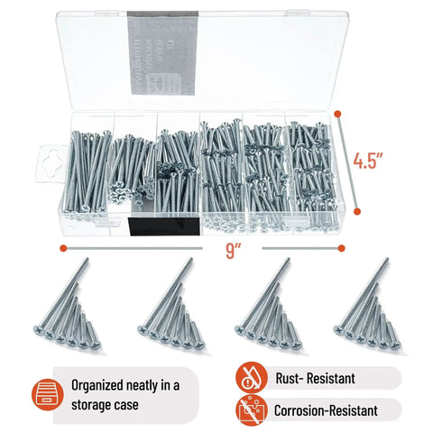 370 Piece Size 6 32 Flat Head Phillips Machine Screws Set Zinc Plated in organized storage with assorted lengths