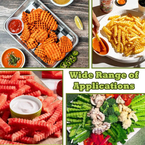 Crinkle Cutter For Veggies Wavy Chopper For French Fries And Waffle Fries Stainless Steel Pro Grade Crinkle Cut Fry Tool shown with various crinkle-cut vegetables and fries.