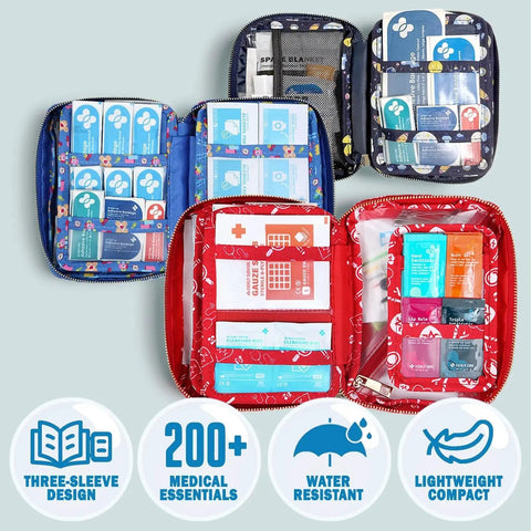 Open Rescue Pack Family First Aid Kit With 200 Piece Medical Supplies showing colorful interior compartments, travel friendly compact bag.