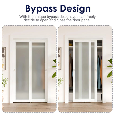Front view of installed 60 Inch Bypass Sliding Door Hardware Kit for Closets and Living Spaces, silver aluminum rail, in use.