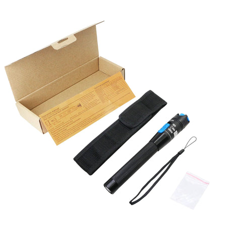 SinLoon Visual Fault Locator red light fiber optic tester pen; black body with blue switch, pouch and lanyard