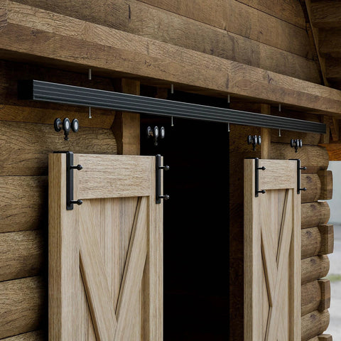 Eight Foot Double Barn Door Hardware Kit With Sliding Box Rail Ceiling Mount installed on wooden exterior doors