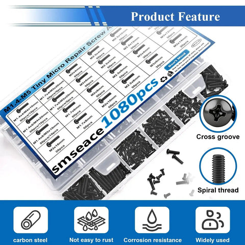 1080 Piece Tiny Micro Repair Screw Kit With 28 Sizes M1.4 To M5 Nuts And Bolts Stainless Steel 304 Assortment in storage box