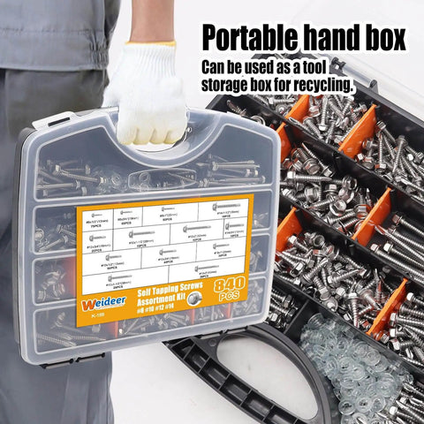840 Pcs Self Tapping Screws for Metal Kit in 410 Stainless Steel, heavy duty case with assorted screws and washers