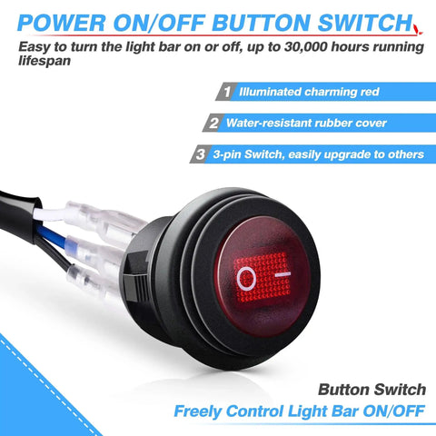LED Light Bar Wiring Harness With Waterproof On Off Toggle Switch, close-up of illuminated red switch with waterproof cover