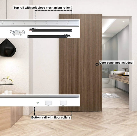Concealed Wall-Mount Sliding Barn Door Hardware With Soft Close Trackless No Floor Track System For Modern Homes Fits Opening Width 30 To 34 Inches 38-Inch Door showing installation with soft-close mechanism in modern interior without door panel.