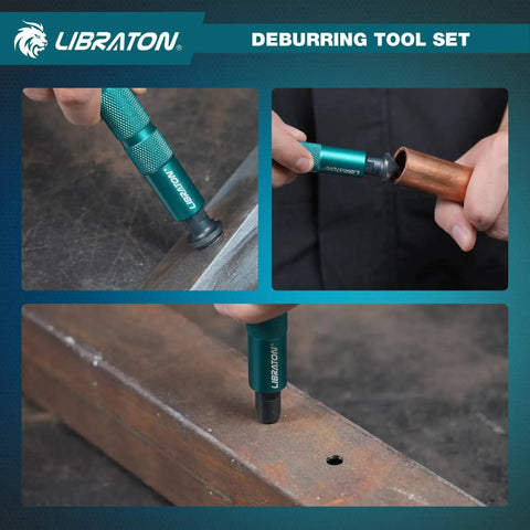 Deburring Tool Kit With 360 Degree Swivel Handle Includes One Detachable Metal Deburring Tool Two Precision Countersink Reamers And Ten Replacement HSS Blades For Metal Wood Plastic PVC Resin Copper 3D Printing Chamfering And Edge Deburring being used on metal and copper surfaces.