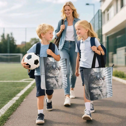 Kids carrying Cool Cat Sunglasses Tote Bag With Zipper For Kids And Women Spacious 30x10x37cm Reusable School Work Travel Purse on shoulders.