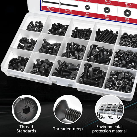 440 Piece Metric Hex Socket Head Cap Screws And Nuts Kit In Alloy Steel 10.9 Black Finish M3 M4 M5 Countersunk Bolts With 8 12 16 20mm Lengths And Matching Nuts