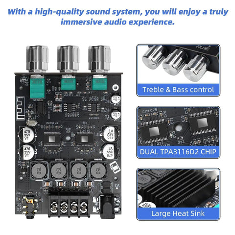 Beefy Bluetooth 5.0 HiFi Stereo Amplifier Board with 100W per channel, showing treble and bass control, and large heat sink details.