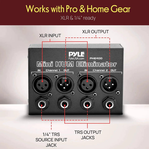 Front view of Compact Mini Hum Eliminator Box for Audio Gear, 2 Channel Passive Ground Loop Isolator with TRS and XLR inputs and outputs